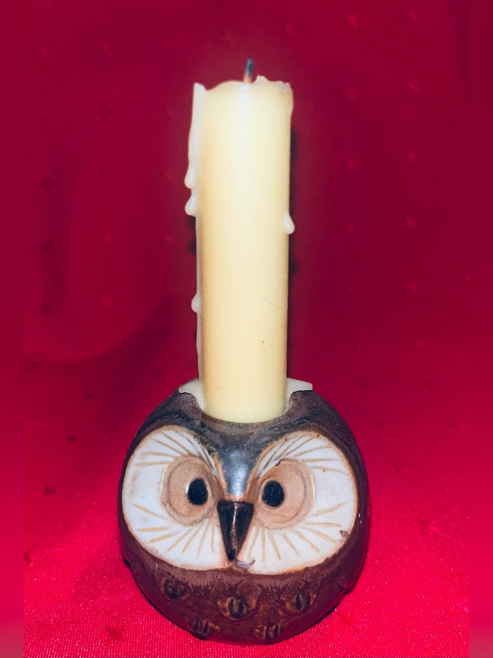 Vintage Handcrafted Brown Owl Candle Holder with Cream Candle